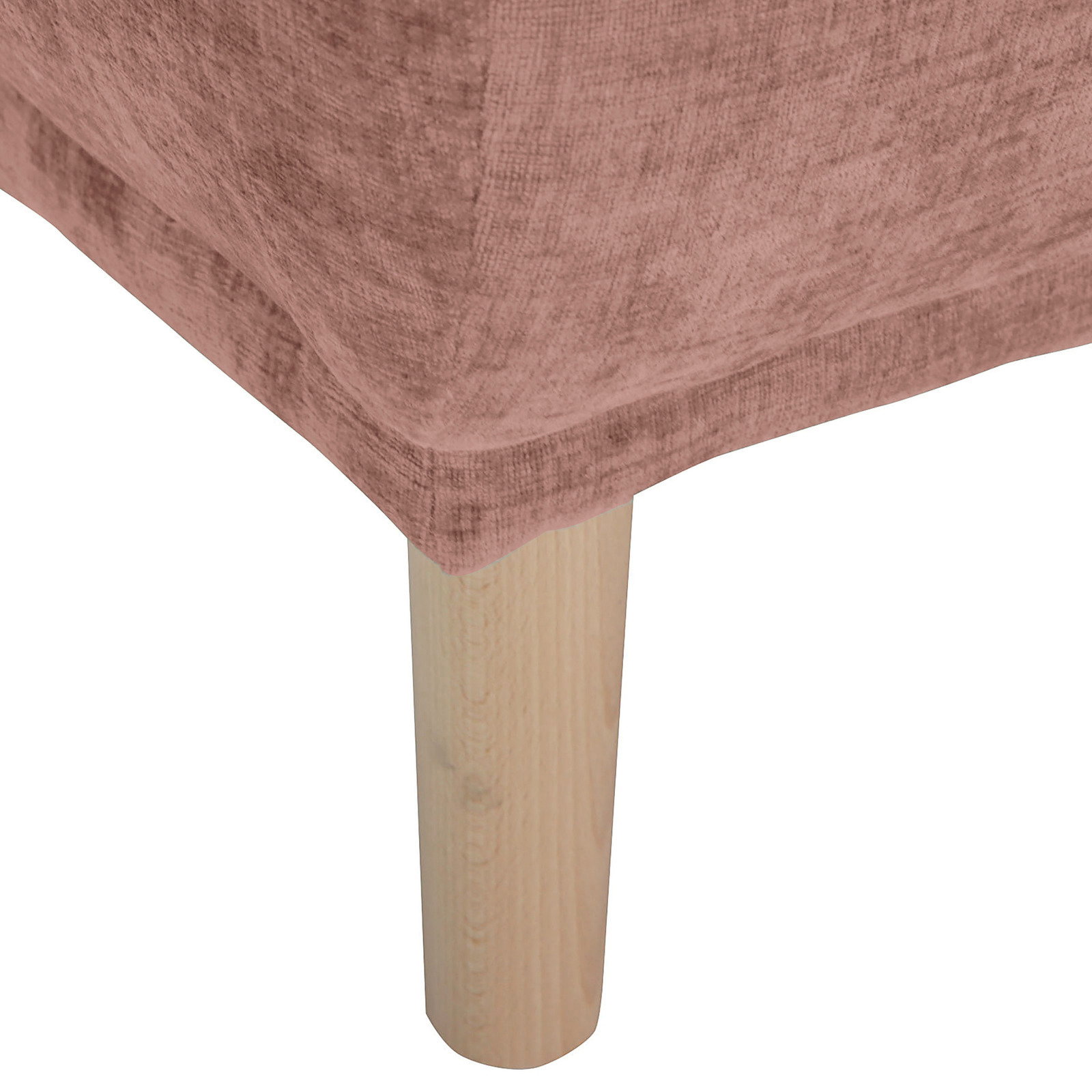 Nahaufnahme eines Hockers mit rosa Stoffbezug und hellem Holzbein, Perspektive von der Seite