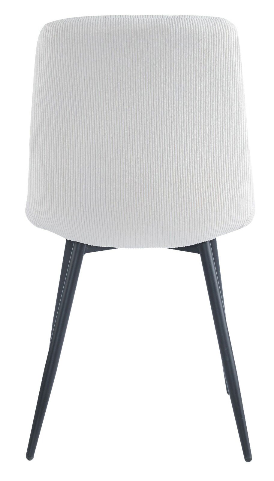 BOXXX Stuhl CURTY Rückansicht eines modernen Stuhls mit weißem, geripptem Stoffbezug und schwarzen Metallbeinen.