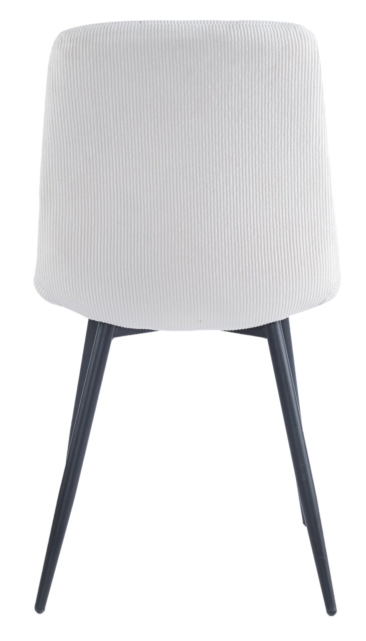 BOXXX Stuhl CURTY Rückansicht eines modernen Stuhls mit weißem, geripptem Stoffbezug und schwarzen Metallbeinen.