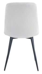 Rückansicht eines modernen Stuhls mit weißem, geripptem Stoffbezug und schwarzen Metallbeinen.