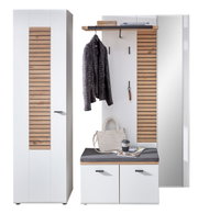 Garderobenkombination Set 81 in Frontalansicht mit weißem Schrank, Holzdetails, Spiegel, Sitzbank und Hakenleiste.