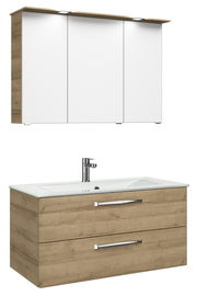 Badezimmermöbel-Set in Holzoptik mit weißem Waschbecken und Spiegelschrank, frontale Ansicht