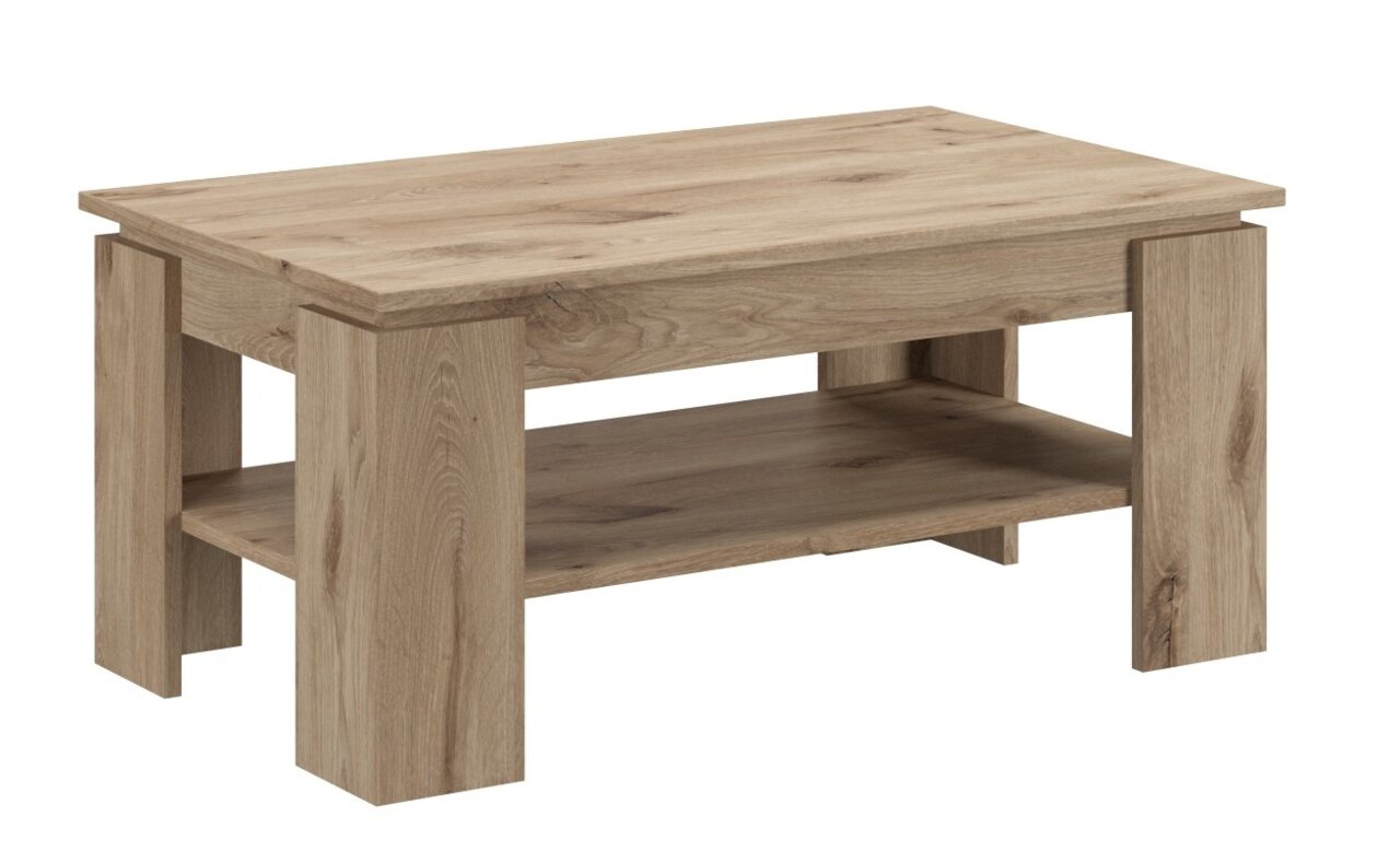 Holz-Couchtisch mit rechteckiger Form und zusätzlicher Ablagefläche, seitliche Perspektive