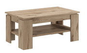 Holz-Couchtisch mit rechteckiger Form und zusätzlicher Ablagefläche, seitliche Perspektive
