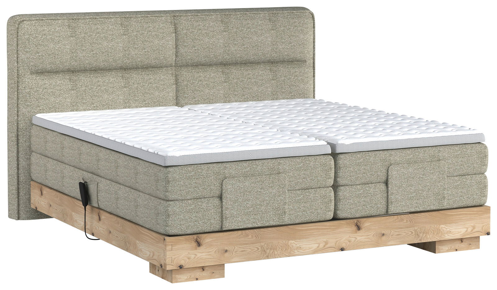 Boxspringbett in seitlicher Perspektive mit gepolstertem Kopfteil und Holzunterbau