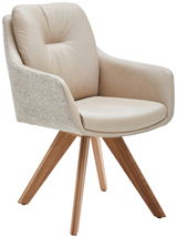 Beiger Armlehnstuhl mit gepolsterter Sitzfläche und Rückenlehne, Holzbeine, seitliche Perspektive