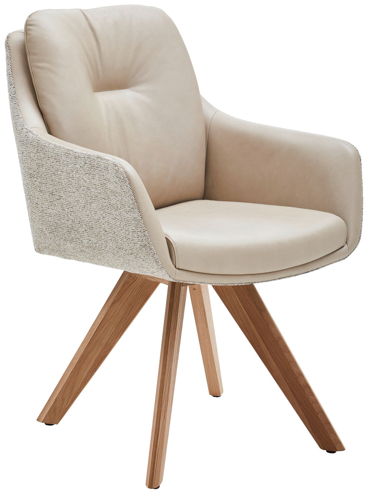 Beiger Armlehnstuhl mit gepolsterter Sitzfläche und Rückenlehne, Holzbeine, seitliche Perspektive