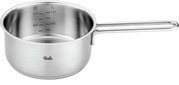Edelstahl-Stielkasserolle mit Messskala, seitliche Perspektive