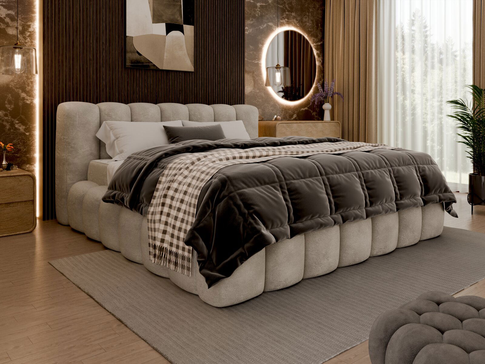 Luxuriöses Polsterbett in einem stilvoll eingerichteten Schlafzimmer, seitliche Perspektive