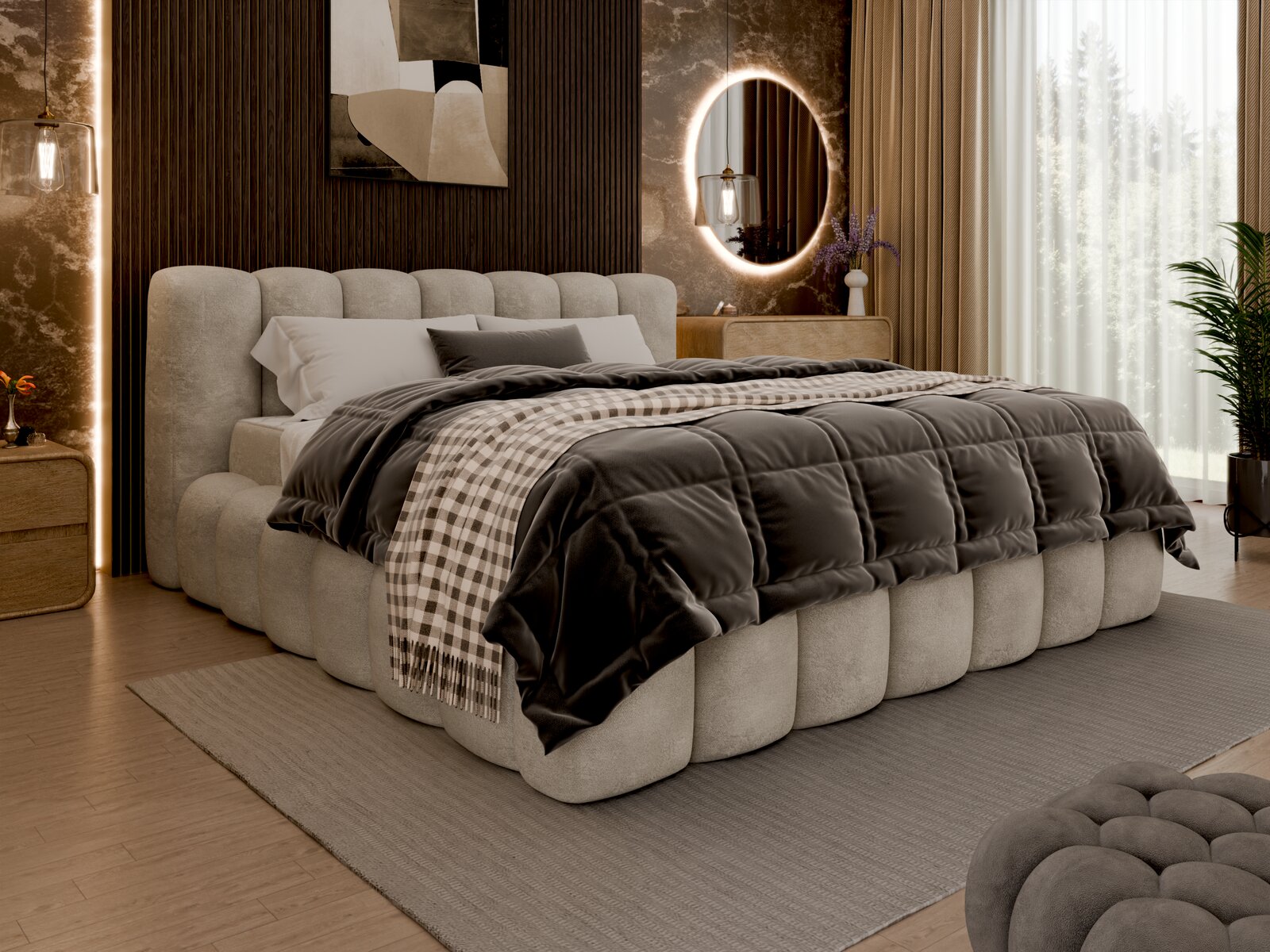 Luxuriöses Polsterbett in einem stilvoll eingerichteten Schlafzimmer, seitliche Perspektive