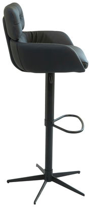 Seitenansicht eines modernen Barhockers mit schwarzem Lederbezug und verstellbarem Fußgestell.