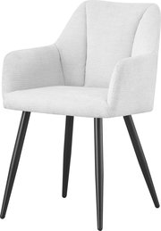 Cremeweißer, gepolsterter Polsterstuhl mit Armlehnen und schwarzem Vierfußgestell, in schräger Vorderansicht freigestellt auf weißem Hintergrund