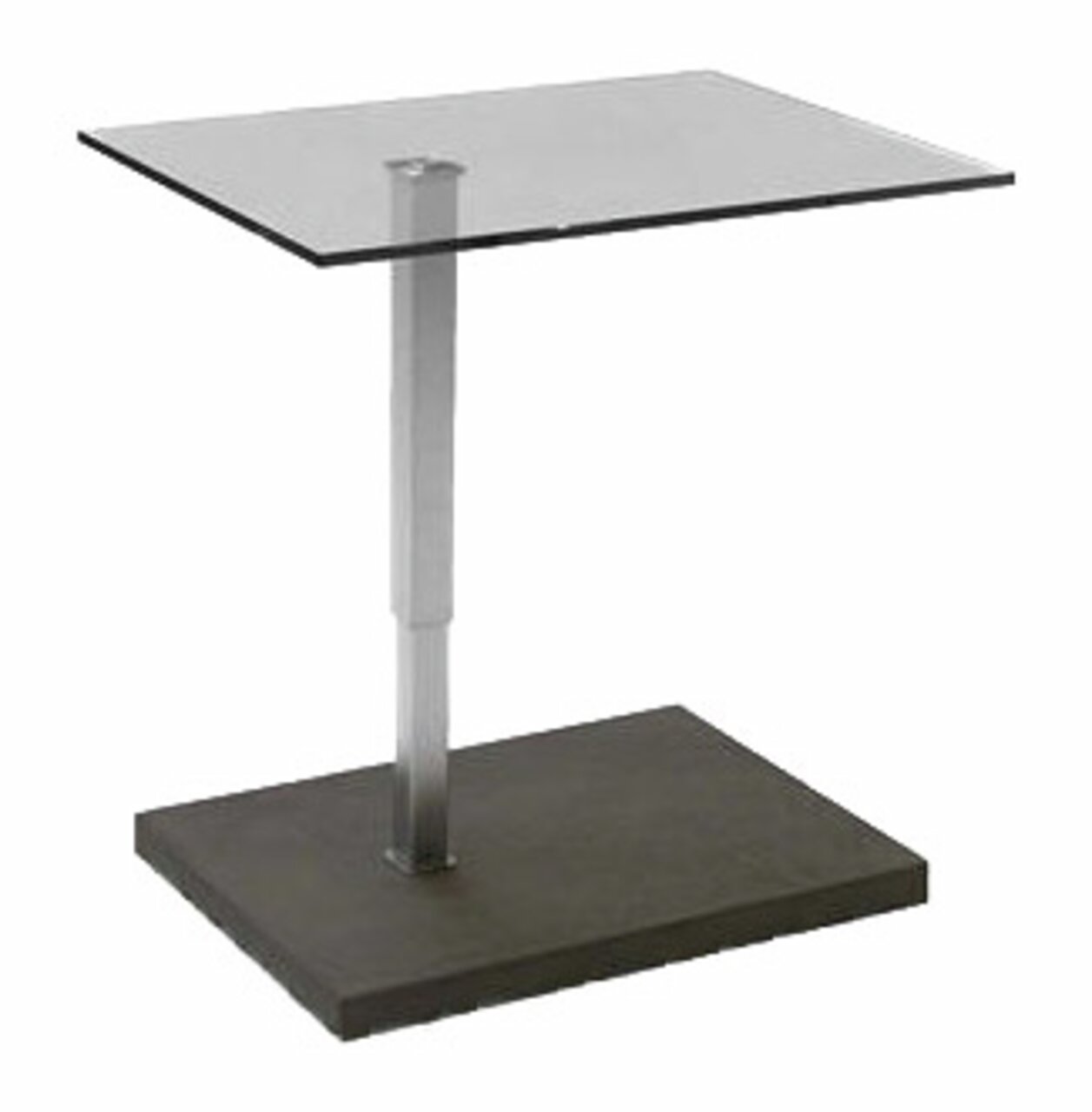 Moderner Beistelltisch mit Glasplatte und Metallgestell, seitliche Perspektive