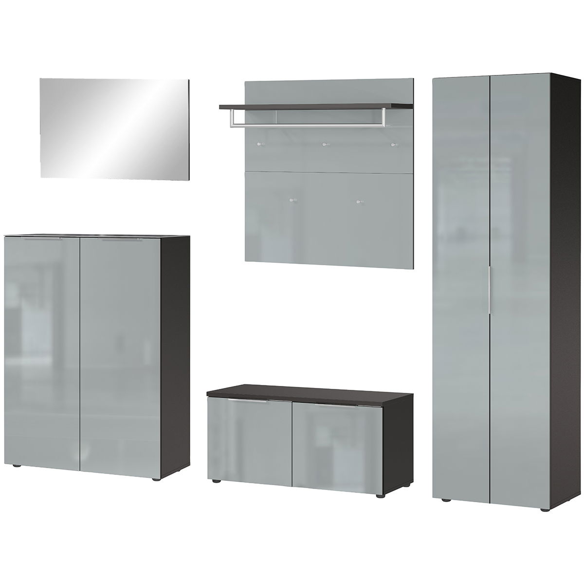 Modernes Garderobe Set bestehend aus einem Spiegel, einer Wandgarderobe mit Ablage und Kleiderstange, einem hohen Schrank, einem zweitürigen Schrank und einer Sitzbank mit Stauraum, frontal abgebildet.