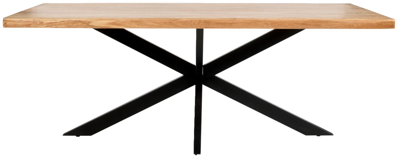 Moderner Esstisch mit Holzplatte und schwarzem Metallgestell in X-Form, Frontalansicht