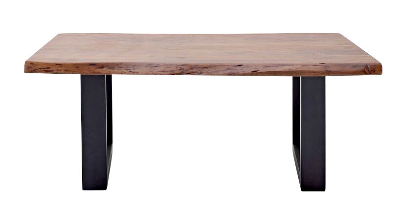 Moderne houten salontafel met natuurlijke rand en zwarte metalen poten, gezien van voren.