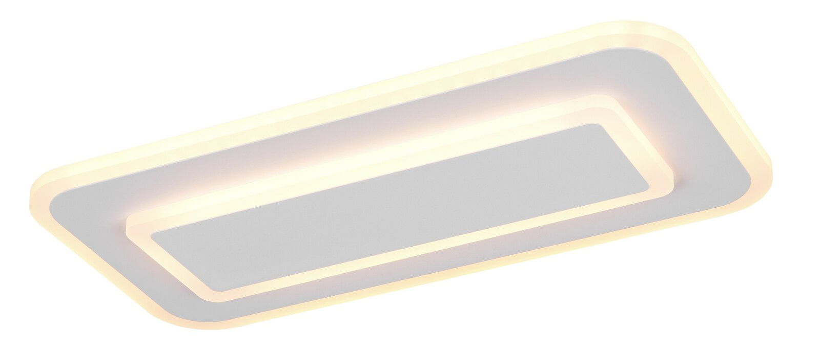 Rechteckige LED-Deckenleuchte mit abgerundeten Ecken, seitliche Perspektive