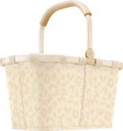 Beiger Einkaufskorb mit hellem Leopardenmuster und klappbarem Tragebügel, Frontansicht auf weißem Hintergrund