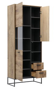 Holz-Wandschrank mit offenen Türen und Schubladen, seitliche Perspektive