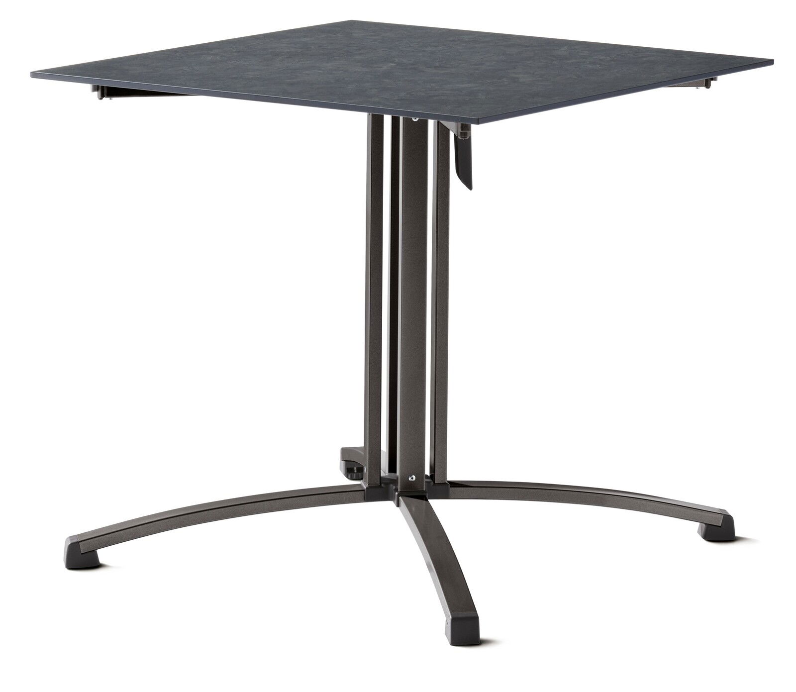 Moderner quadratischer Gartentisch mit dunkler Tischplatte und stabilem Metallgestell, seitliche Perspektive