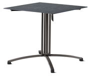 Moderner quadratischer Gartentisch mit dunkler Tischplatte und stabilem Metallgestell, seitliche Perspektive
