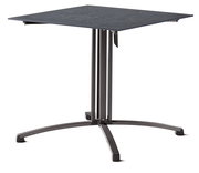 Moderner quadratischer Gartentisch mit dunkler Tischplatte und stabilem Metallgestell, seitliche Perspektive