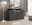 Modernes graues Sideboard mit vier Türen und drei Schubladen, dekoriert mit Büchern und einer Vase, in einem stilvoll eingerichteten Wohnzimmer. Perspektive von vorne.
