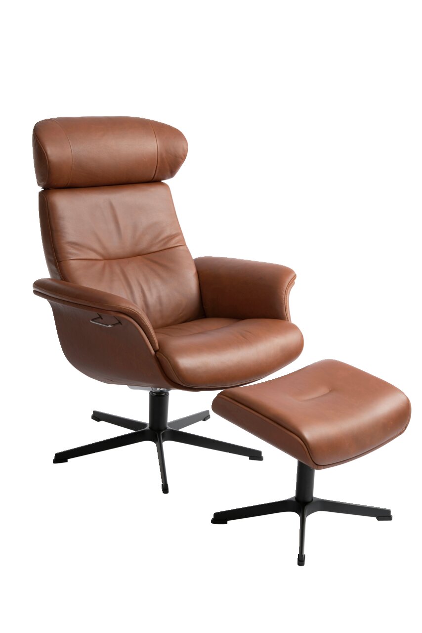 Zurbrüggen Hocker fest TIME OUT Brauner Ledersessel mit passendem Hocker, seitliche Perspektive