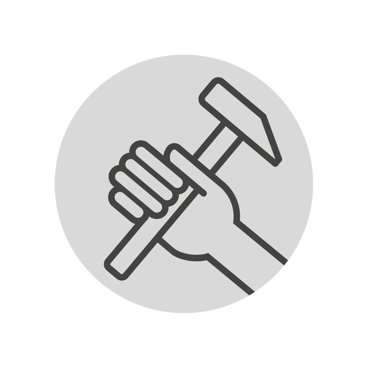 Afbeelding van een hamer in een hand, van bovenaf gezien.