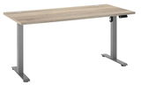 Moderner E-Schreibtisch mit Holzoberfläche und grauen Metallbeinen, seitliche Perspektive