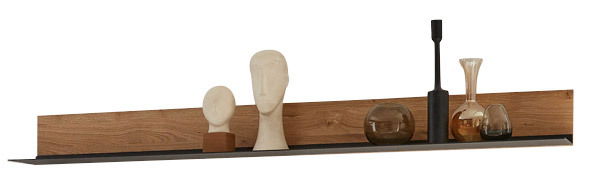 Wandbord aus Holz und Metall mit dekorativen Objekten, seitliche Perspektive