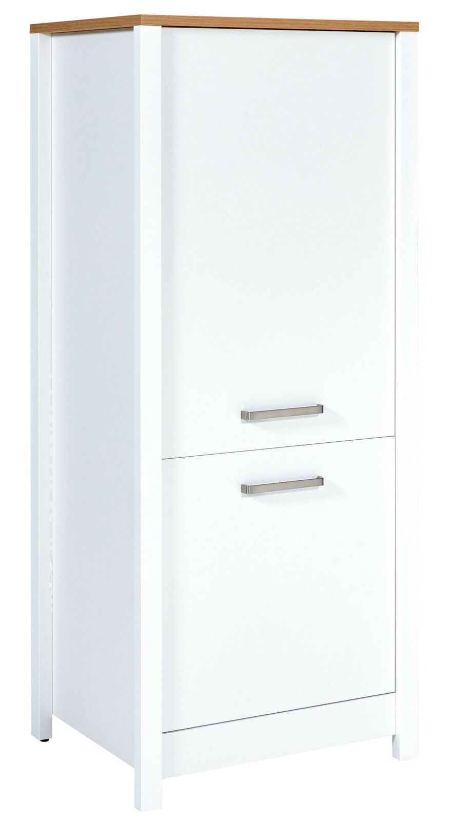 Weißer Kühlschrank-Umbau- und Vorratsschrank mit Holzoberfläche und zwei Metallgriffen, seitliche Perspektive