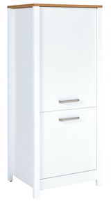 Weißer Kühlschrank-Umbau- und Vorratsschrank mit Holzoberfläche und zwei Metallgriffen, seitliche Perspektive