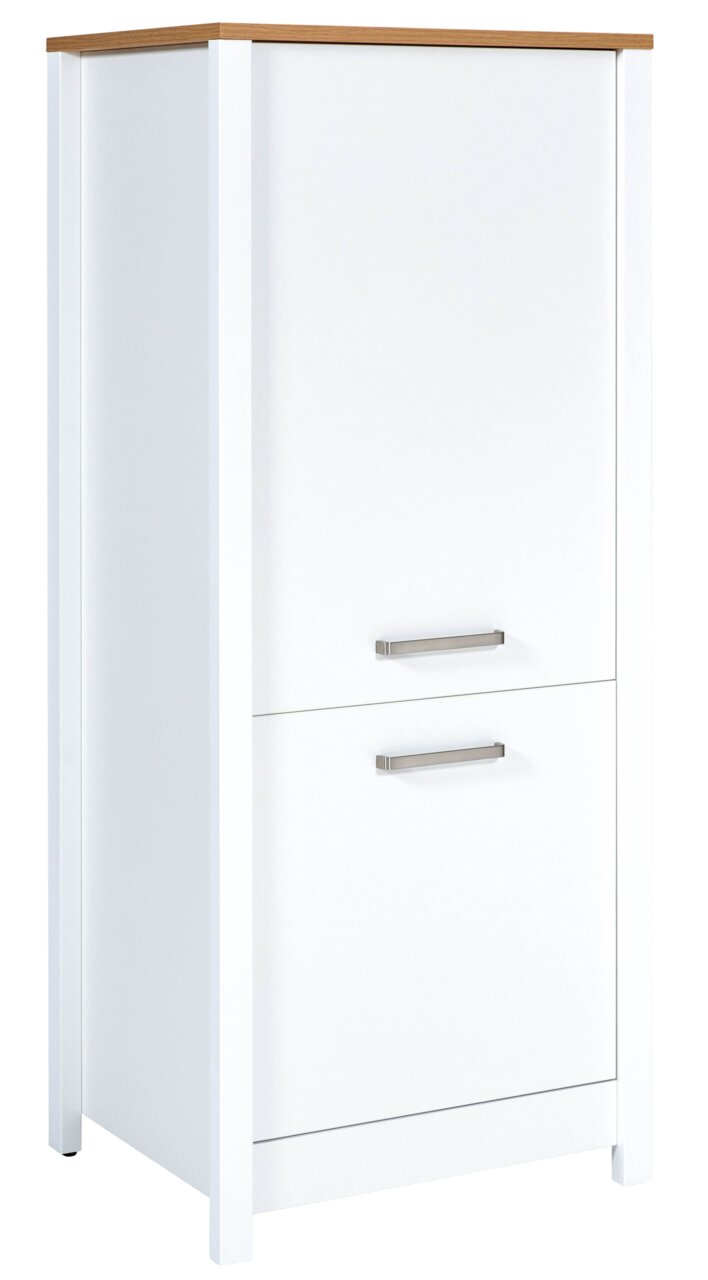 Landscape Kühlschrank-Umbau/Vorratsschr. SORBA Weißer Kühlschrank-Umbau- und Vorratsschrank mit Holzoberfläche und zwei Metallgriffen, seitliche Perspektive