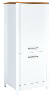 Weißer Kühlschrank-Umbau- und Vorratsschrank mit Holzoberfläche und zwei Metallgriffen, seitliche Perspektive