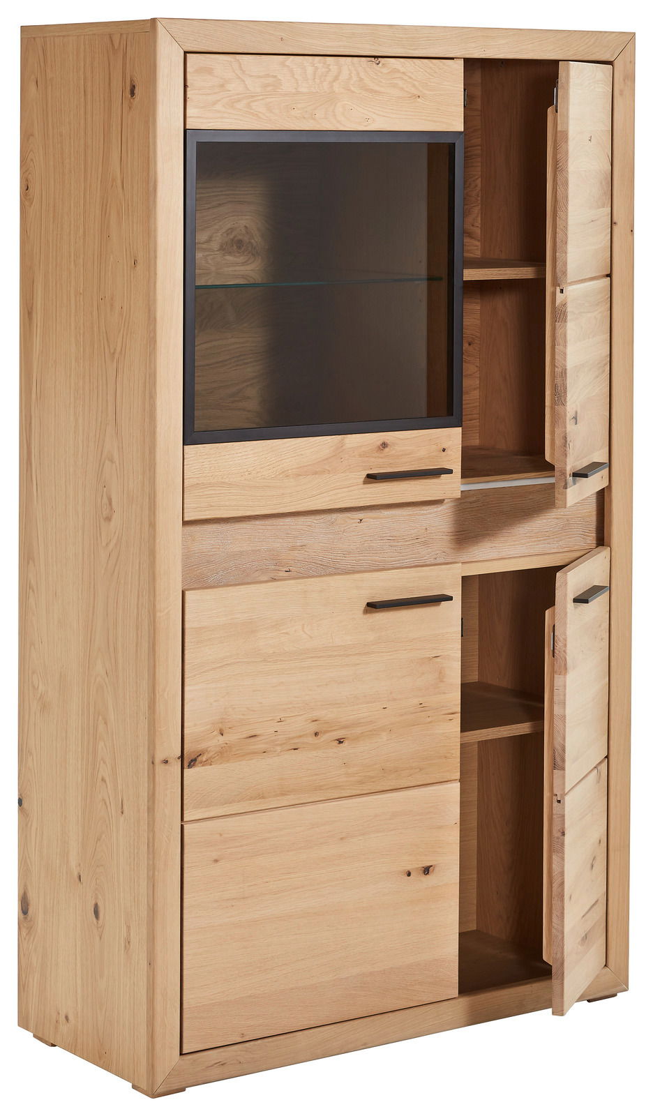 Hochwertiges Highboard aus Holz mit Beleuchtung, teilweise geöffnete Türen, seitliche Perspektive