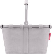 Grauer reisenthel Einkaufskorb mit geripptem Stoff, Aluminiumrahmen und klappbarem Griff, Frontansicht vor weißem Hintergrund.