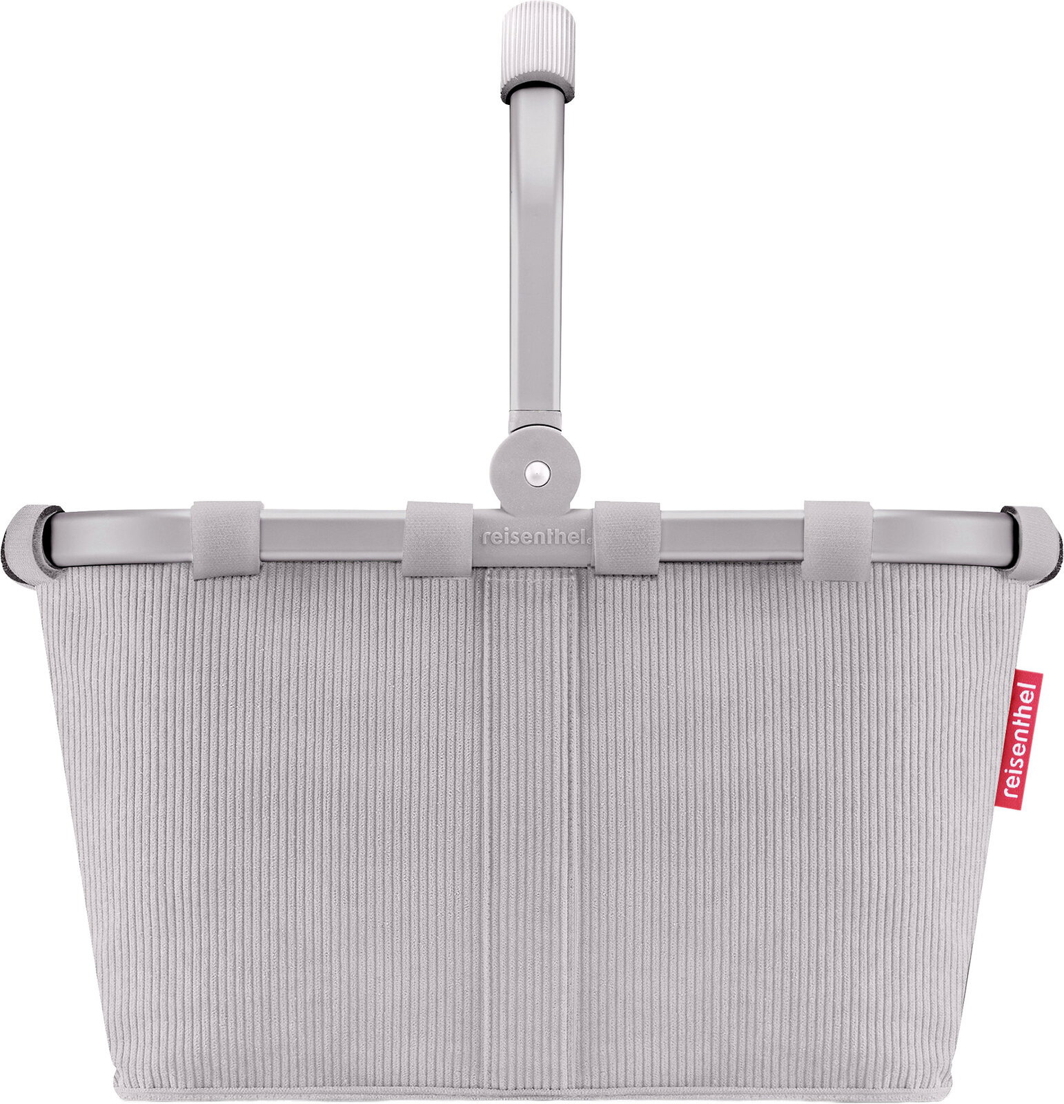 Grauer reisenthel Einkaufskorb mit geripptem Stoff, Aluminiumrahmen und klappbarem Griff, Frontansicht vor weißem Hintergrund.