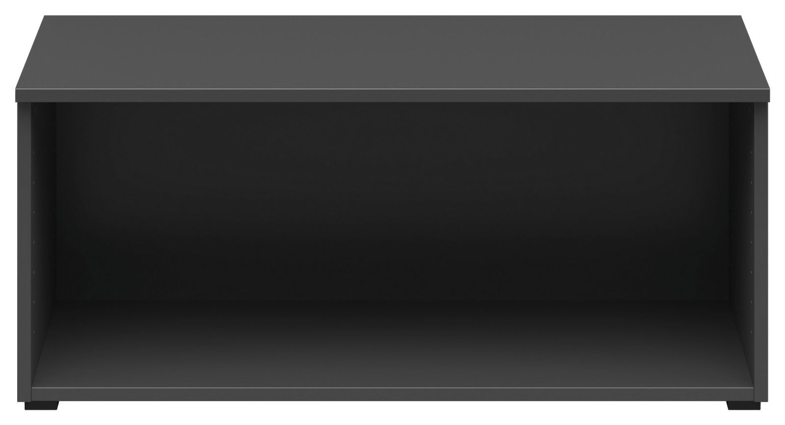 Schwarzer Regalaufsatz aus der Frontansicht mit offenem Fach