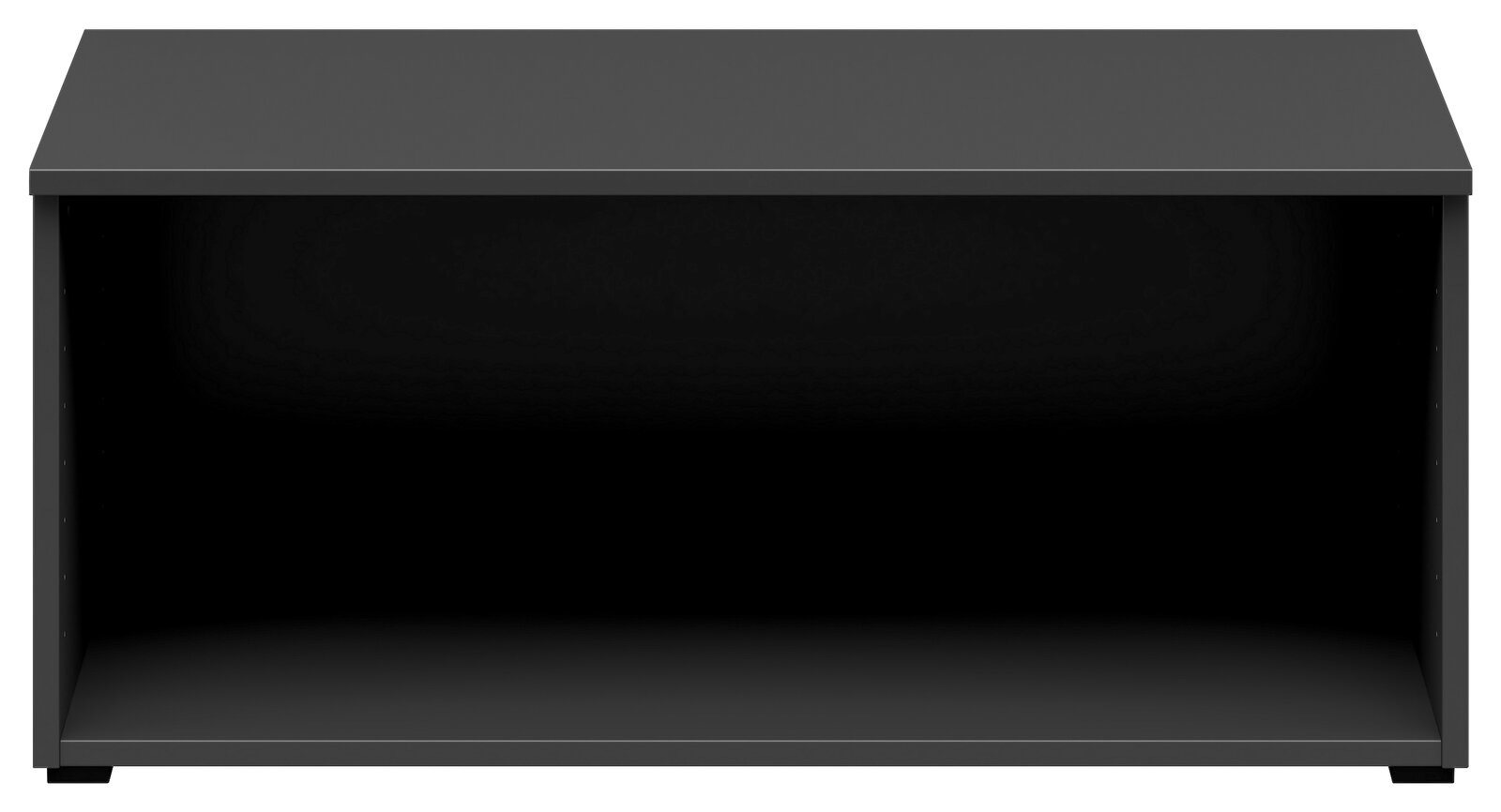 Schwarzer Regalaufsatz aus der Frontansicht mit offenem Fach
