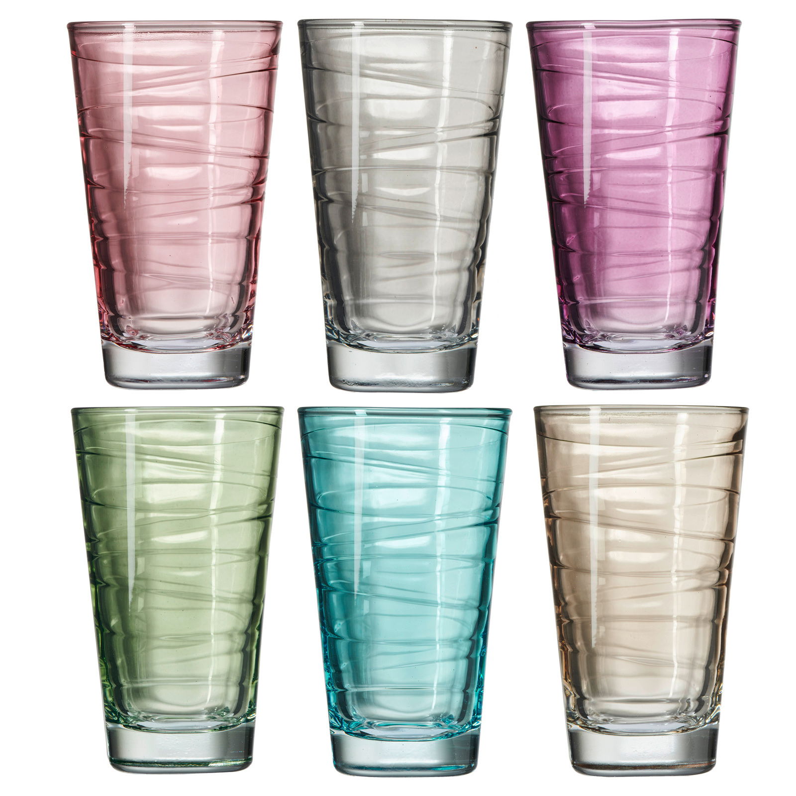 Sechsteiliges Becherset mit 280ml Fassungsvermögen in verschiedenen Farben, aus der Frontalperspektive fotografiert.