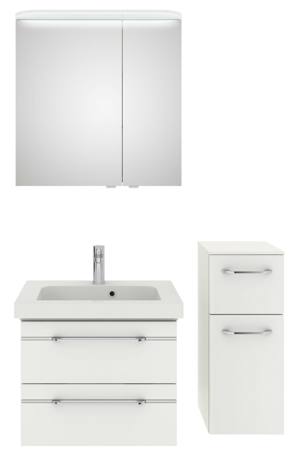 Pelipal Badblok BALTO SPRINT Badezimmermöbel-Set bestehend aus einem Spiegelschrank, einem Waschbeckenunterschrank mit integriertem Waschbecken und einem hohen Seitenschrank, frontal abgebildet.