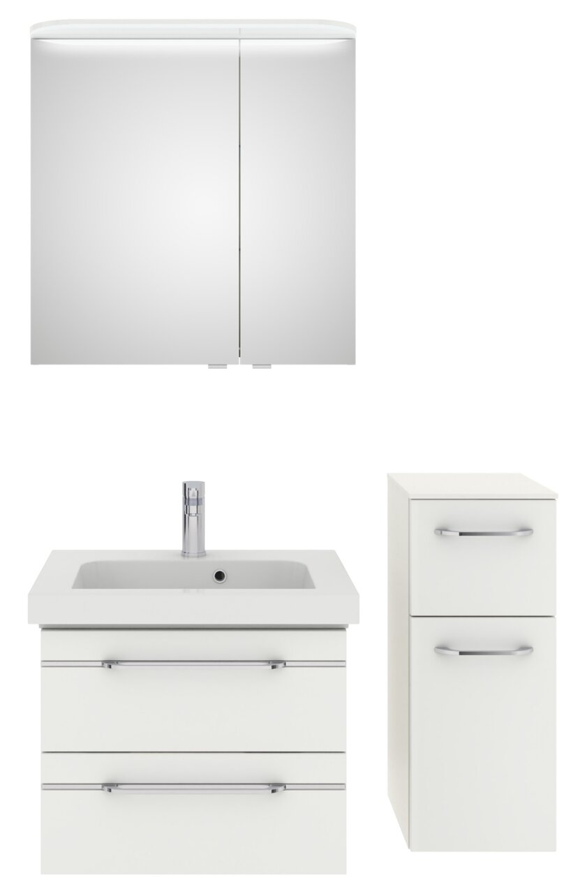 Badezimmermöbel-Set bestehend aus einem Spiegelschrank, einem Waschbeckenunterschrank mit integriertem Waschbecken und einem hohen Seitenschrank, frontal abgebildet.