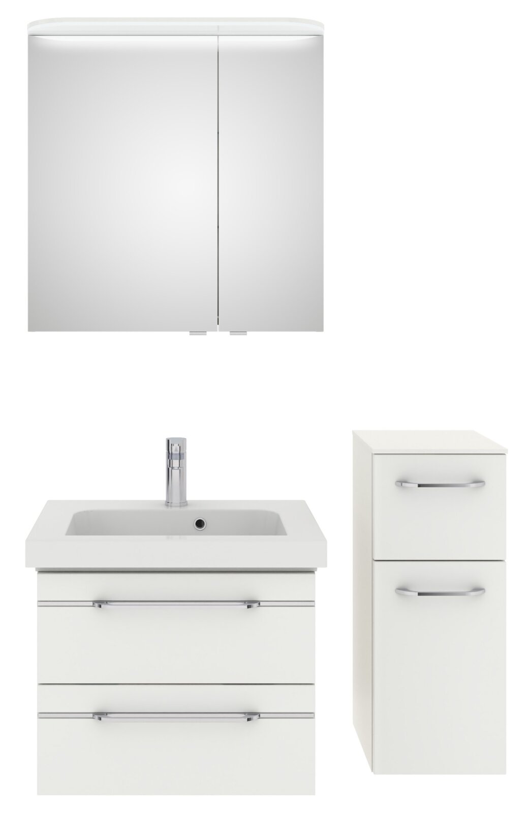 Badezimmermöbel-Set bestehend aus einem Spiegelschrank, einem Waschbeckenunterschrank mit integriertem Waschbecken und einem hohen Seitenschrank, frontal abgebildet.