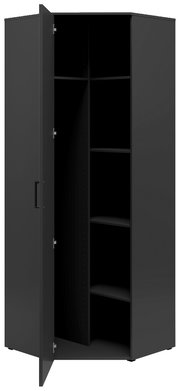 Schwarzer Eckschrank mit geöffneter Tür, zeigt mehrere Regalböden, frontale Perspektive.