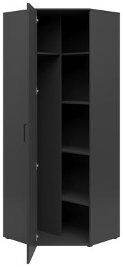 Schwarzer Eckschrank mit geöffneter Tür, zeigt mehrere Regalböden, frontale Perspektive.