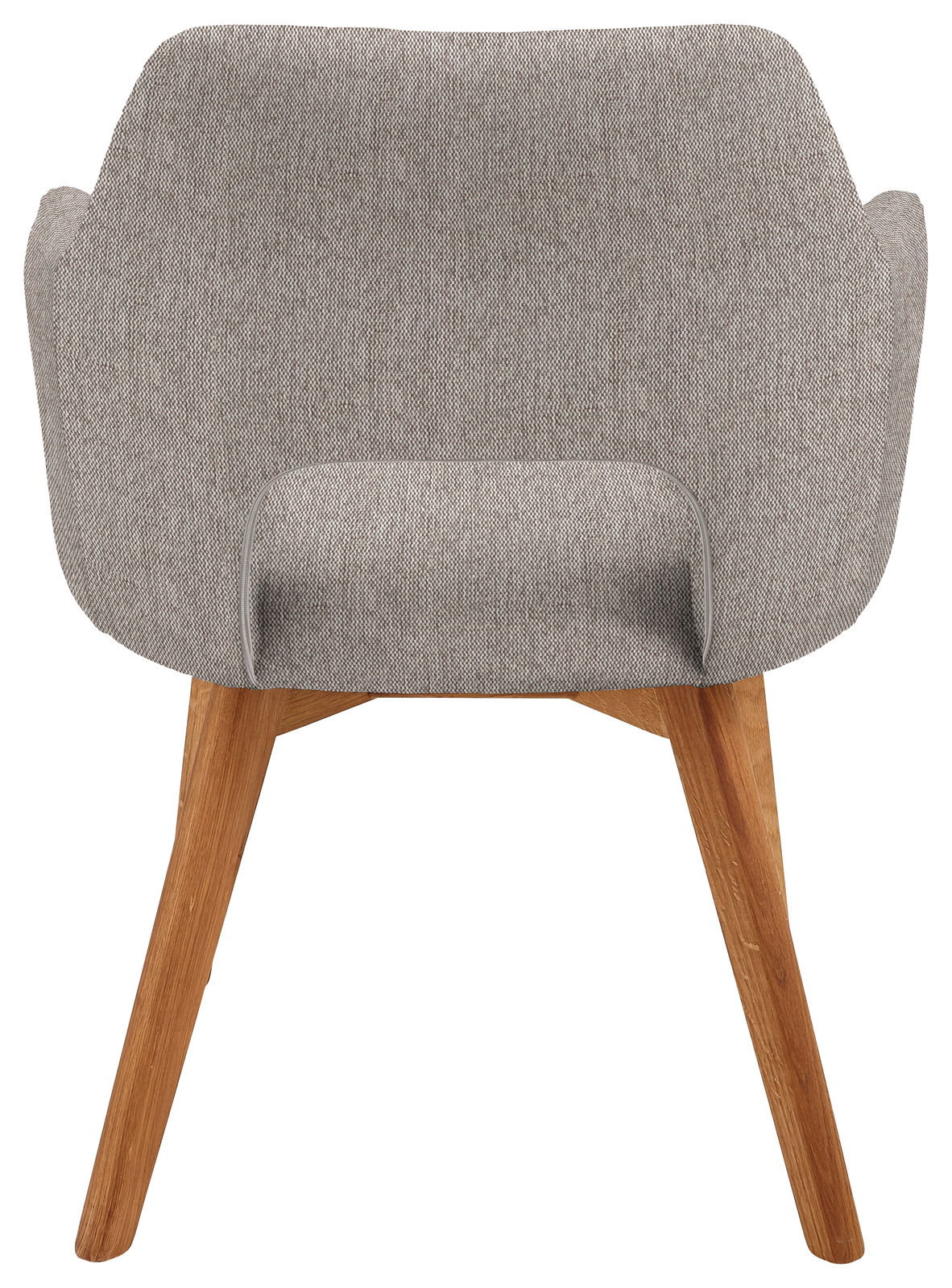 Rückansicht eines Sessels mit grauem Stoffbezug und Holzbeinen