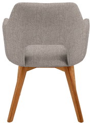 Rückansicht eines Sessels mit grauem Stoffbezug und Holzbeinen