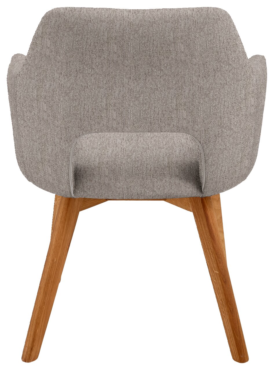 Rückansicht eines Sessels mit grauem Stoffbezug und Holzbeinen