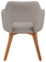 Rückansicht eines Sessels mit grauem Stoffbezug und Holzbeinen